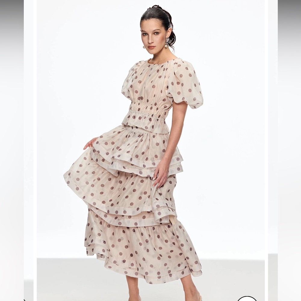 & Other Stories inspired 
Polka dot set, tiered maxi skirt, gathered peplum top.